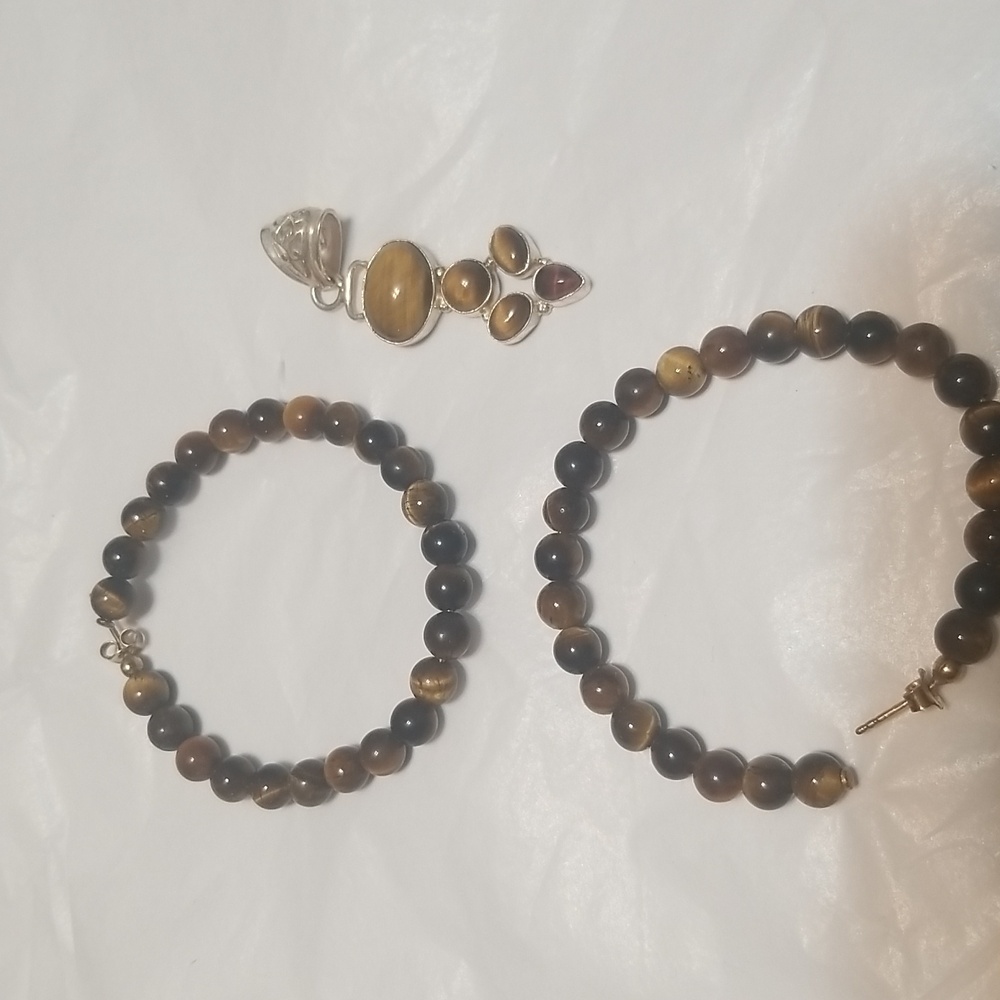 TIGERS EYE PENDANT & 2" HOOP EARRINGS, 2" Drop Pendant #J48